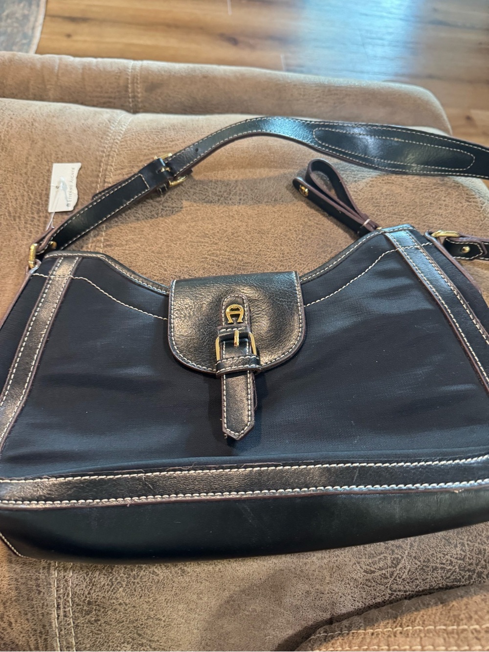 Women's Black Shoulder Bag with Contrast Stitching and Buckle Detail